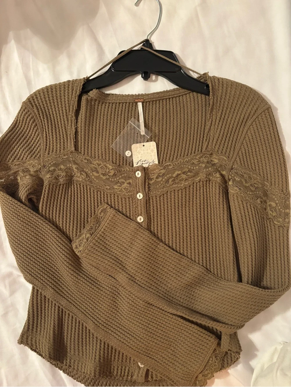 Free People Brown Waffle Knit Lace Henley Top